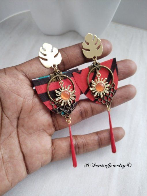 Boucles D'oreilles en Tissu Wax Puce Monstera Plaque Or 18KT !! SUN CHANDELIER !! En Tissu Wax T:4cm