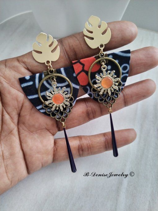 Boucles D'oreilles en Tissu Wax Puce Monstera Plaque Or 18KT !! SUN CHANDELIER !! En Tissu Wax T:4cm