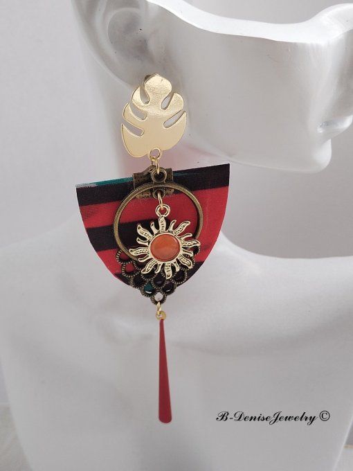 Boucles D'oreilles en Tissu Wax Puce Monstera Plaque Or 18KT !! SUN CHANDELIER !! En Tissu Wax T:4cm
