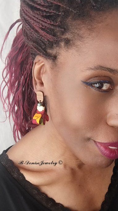 Originales Boucles d'orielles Puce ethnic !! TULIPS !! en tissu wax bois et acier T: 5.5cm x 3cm