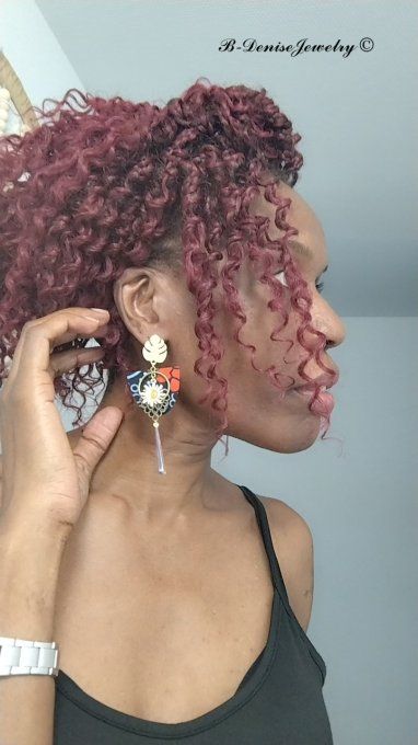Boucles D'oreilles en Tissu Wax Puce Monstera Plaque Or 18KT !! SUN CHANDELIER !! En Tissu Wax T:4cm